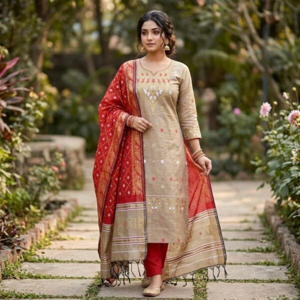 Elegant Beige & Red Embroidered Three-Piece Salwar Kameez Suit with Printed Dupatta